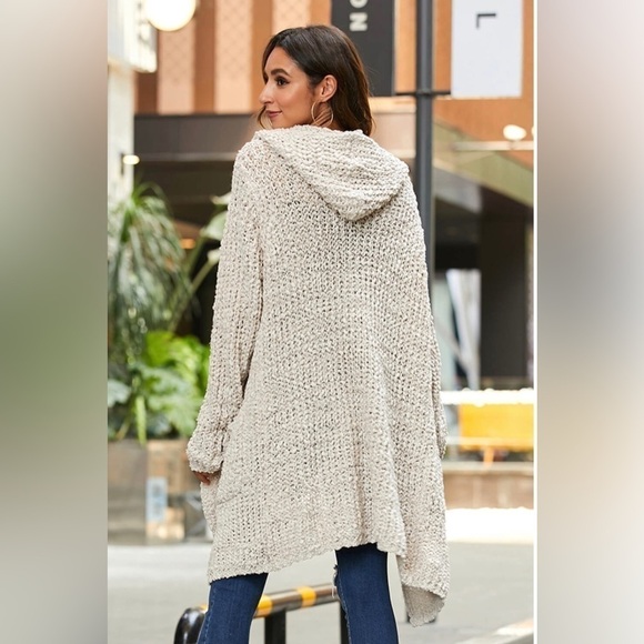 Flex Moda Natural Beige Oversized Popcorn Knit Hooded Cardigan Pockets Open M/L - Picture 4 of 16